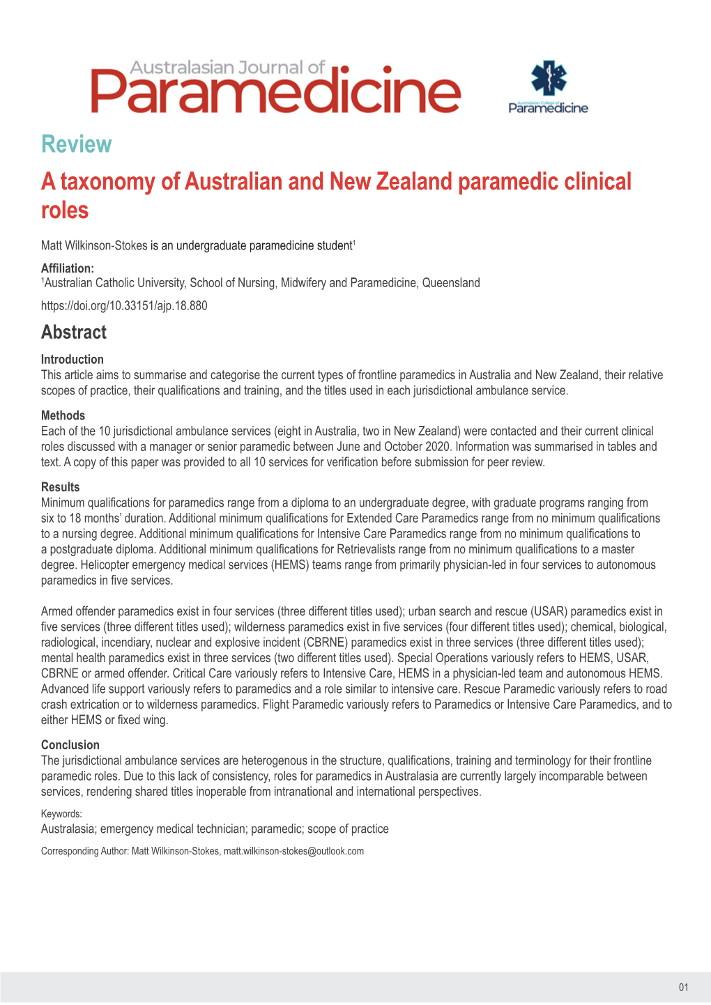 Review a Taxonomy of Australian and New Zealand Paramedic Clinical Roles