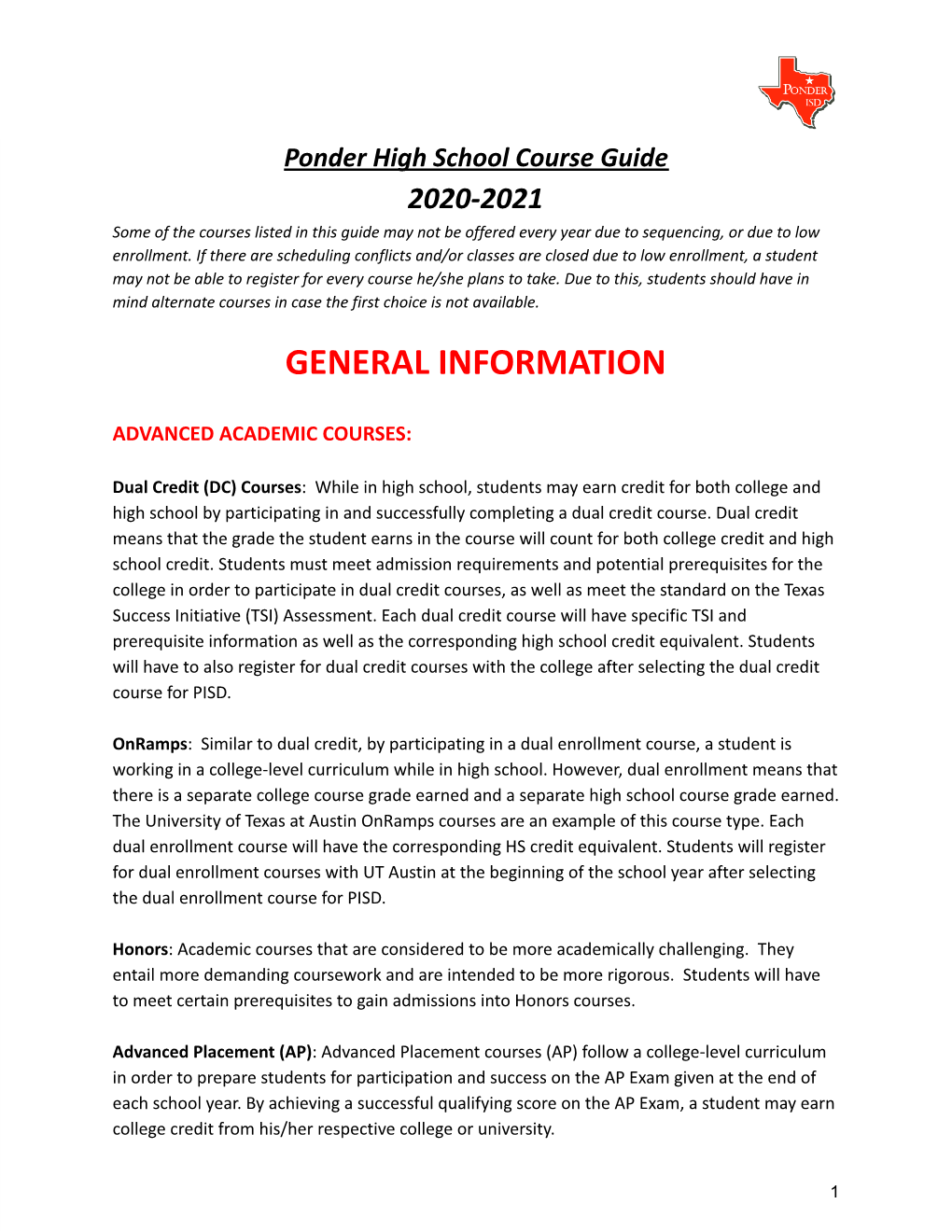 Ponder High School Course Guide for 2020-2021