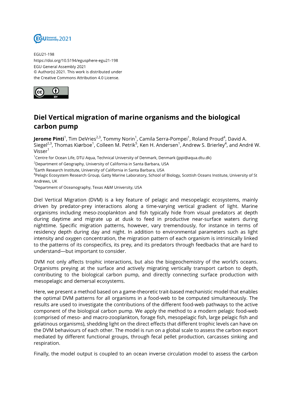 Diel Vertical Migration of Marine Organisms and the Biological Carbon Pump