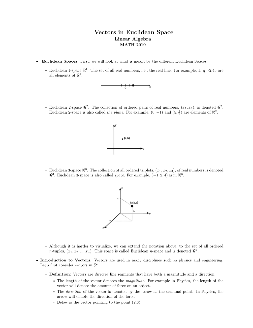 Vectors in Euclidean Space Linear Algebra MATH 2010