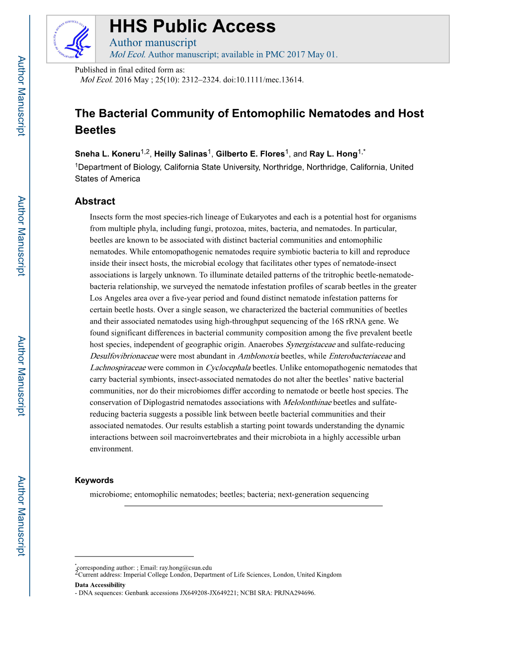 The Bacterial Community of Entomophilic Nematodes and Host Beetles