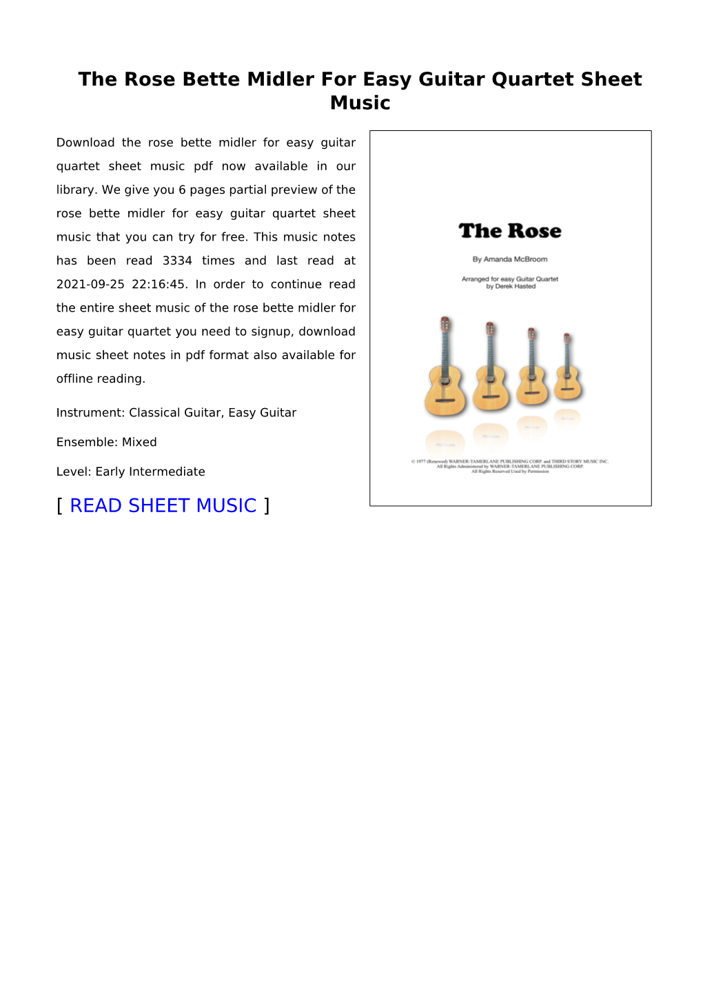 The Rose Bette Midler for Easy Guitar Quartet Sheet Music