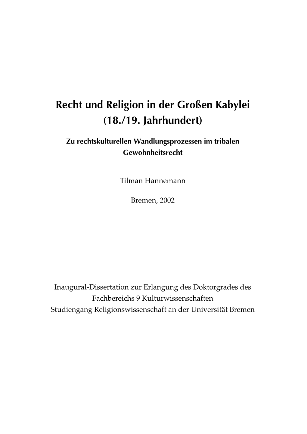 Recht Und Religion in Der Großen Kabylei (18./19