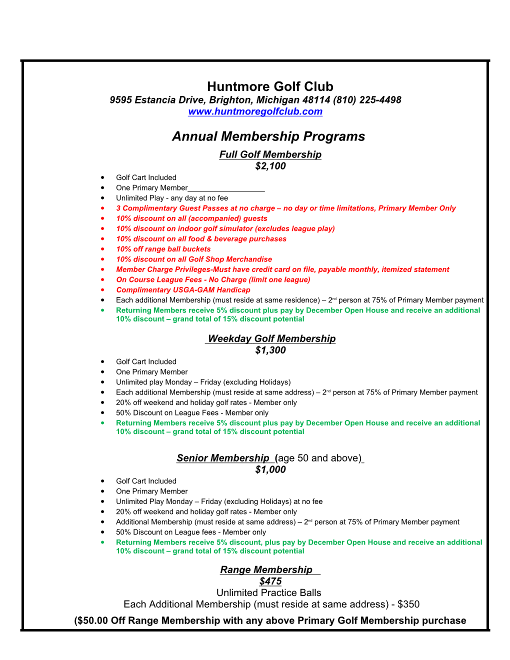 Huntmore Golf Club Annual Membership Programs