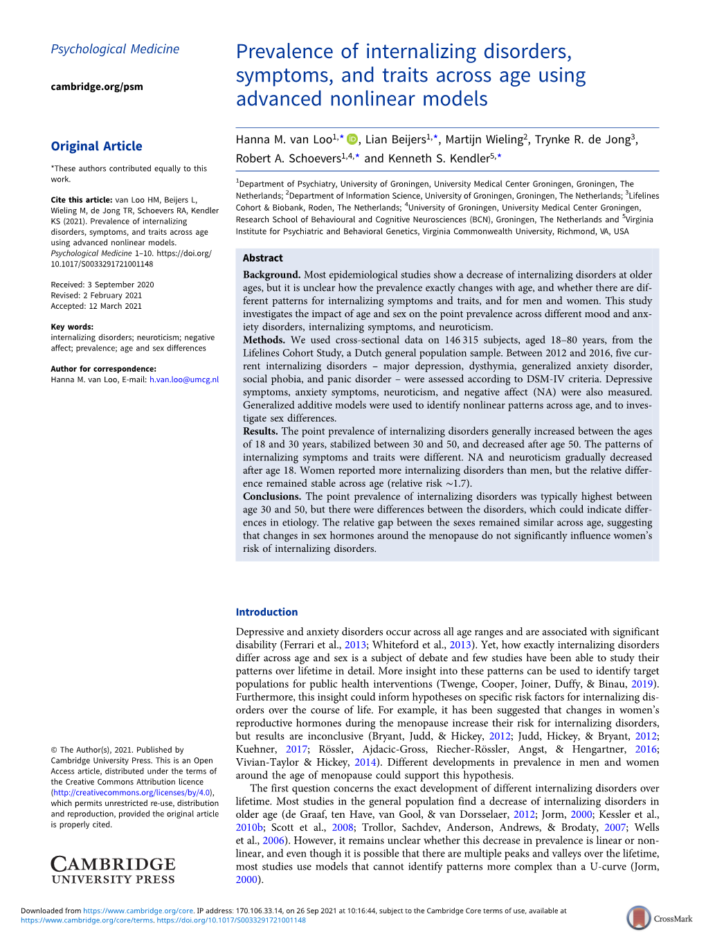 Prevalence of Internalizing Disorders, Symptoms, and Traits Across Age Using Cambridge.Org/Psm Advanced Nonlinear Models