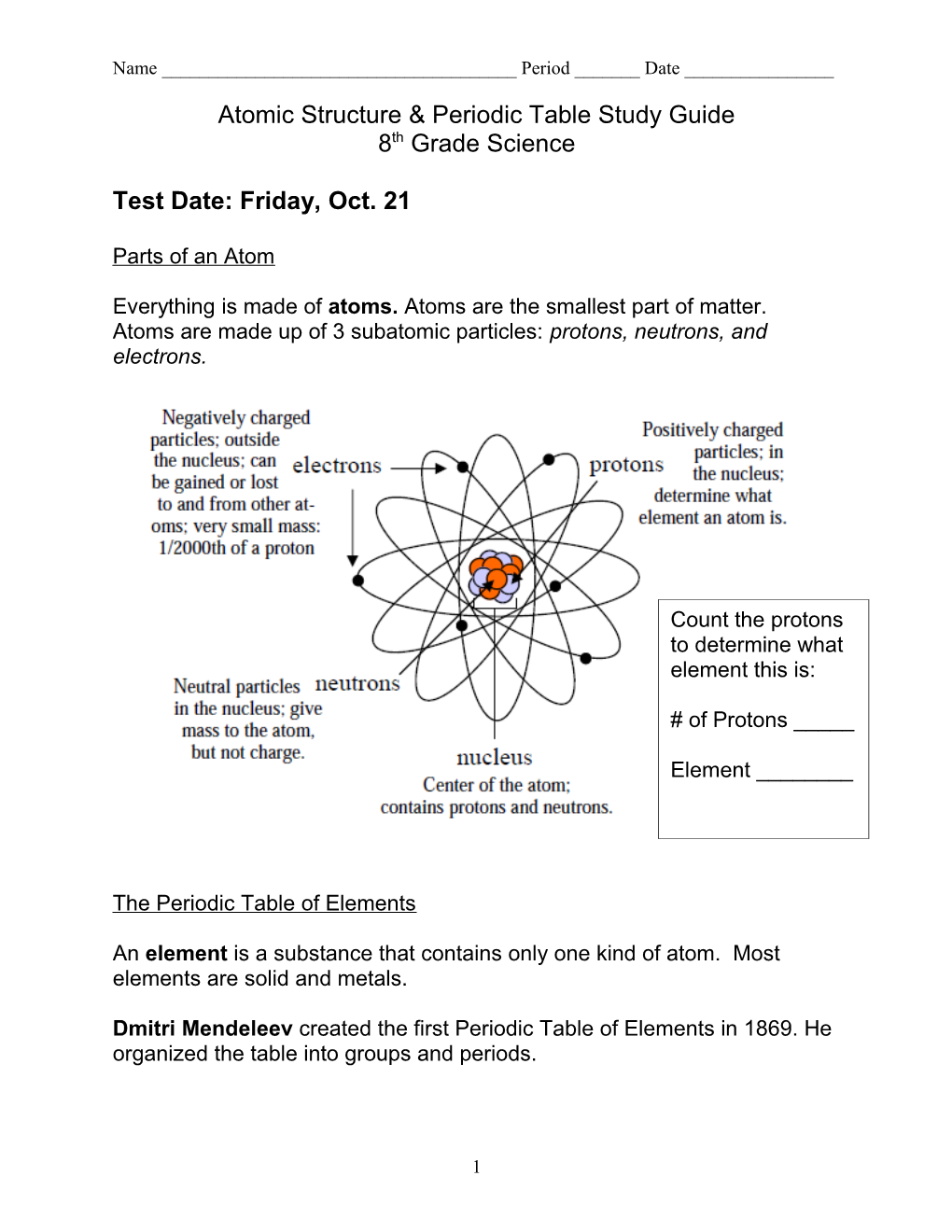 Atomic Structure & Periodic Table Study Guide