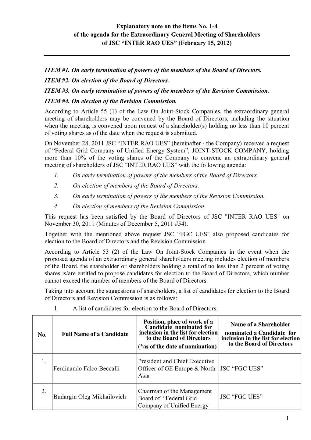 1 Explanatory Note on the Items No. 1-4 of the Agenda for the Extraordinary General Meeting of Shareholders of JSC “INTER