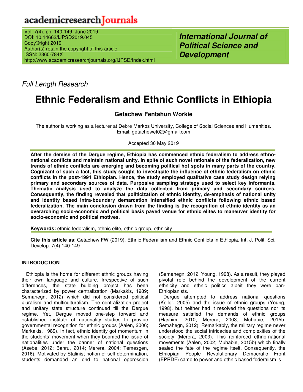 Ethnic Federalism and Ethnic Conflicts in Ethiopia