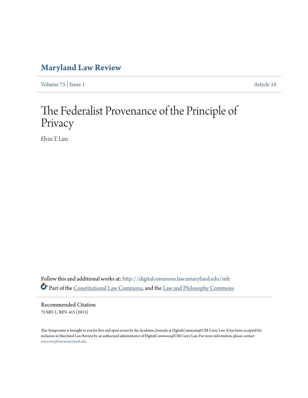 The Federalist Provenance of the Principle of Privacy