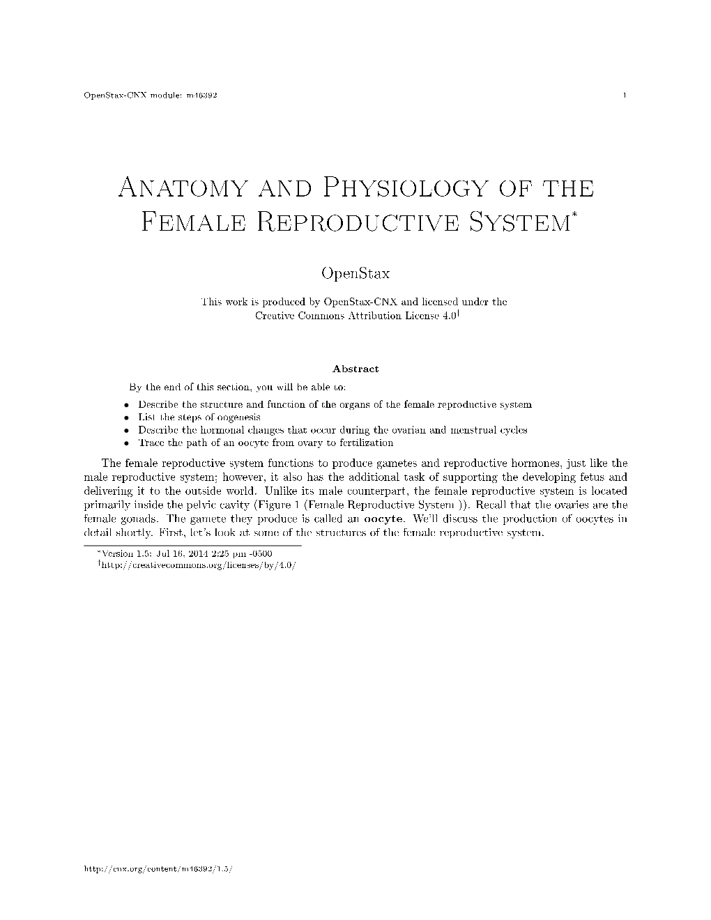 Anatomy and Physiology of the Female Reproductive System*