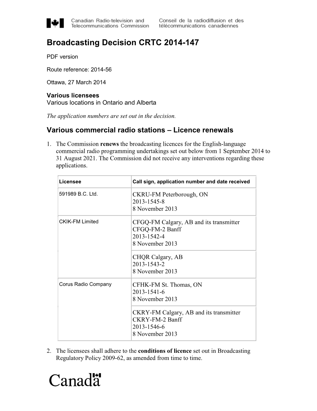 Broadcasting Decision CRTC 2014-147