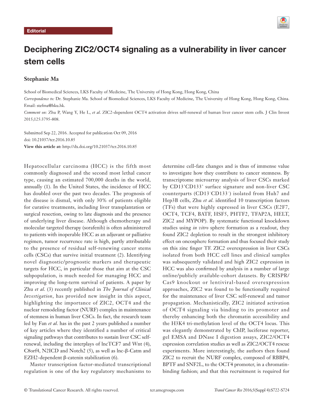 Deciphering ZIC2/OCT4 Signaling As a Vulnerability in Liver Cancer Stem Cells