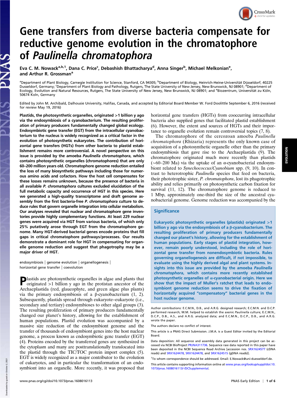 Gene Transfers from Diverse Bacteria Compensate for Reductive Genome Evolution in the Chromatophore of Paulinella Chromatophora