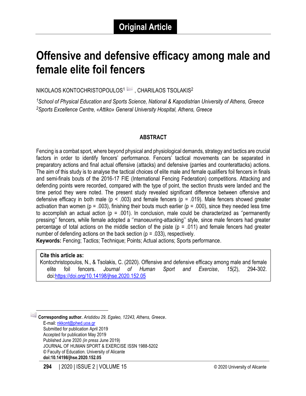 Offensive and Defensive Efficacy Among Male and Female Elite Foil Fencers