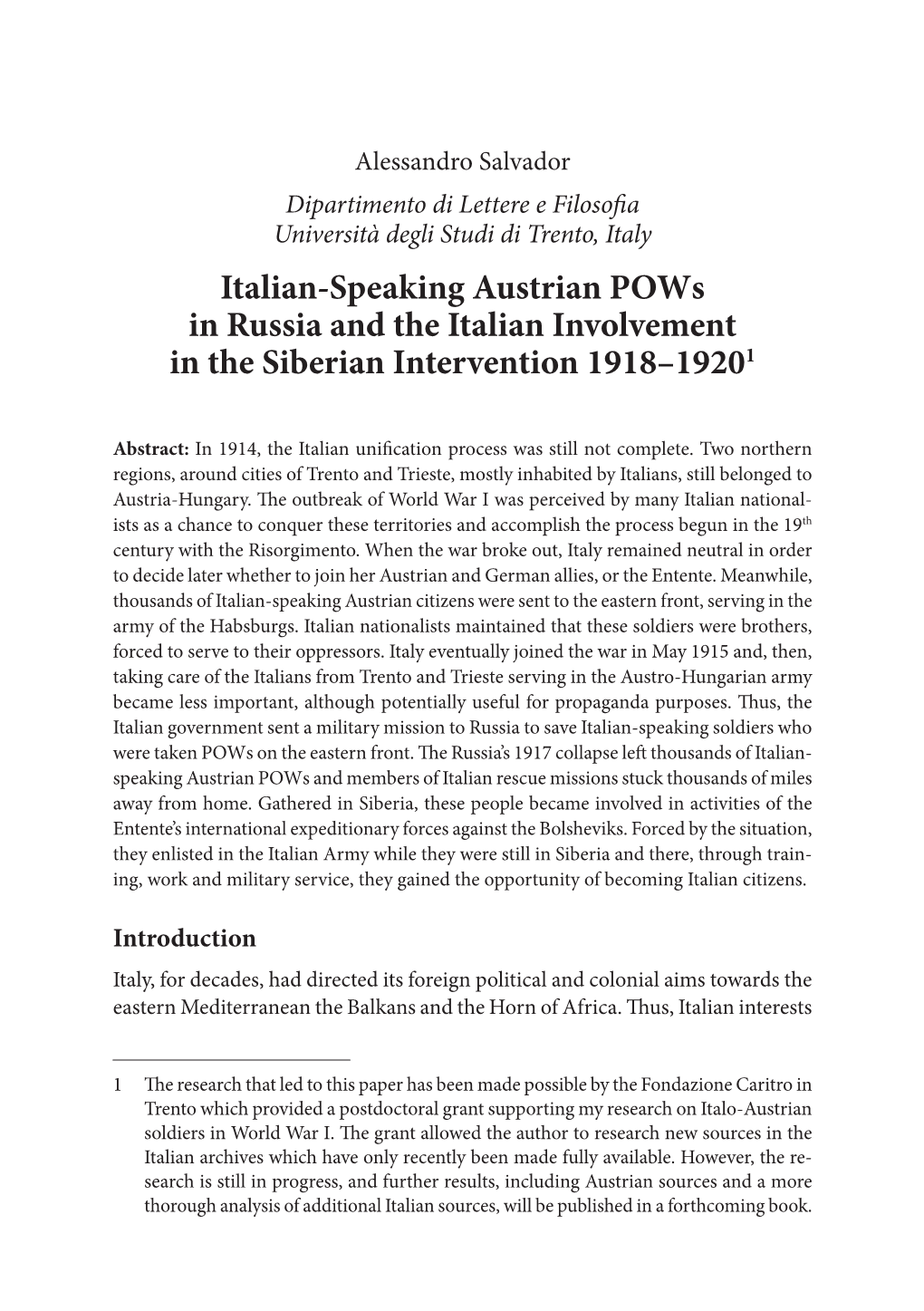 Italian-Speaking Austrian Pows in Russia and the Italian Involvement in the Siberian Intervention 1918–19201