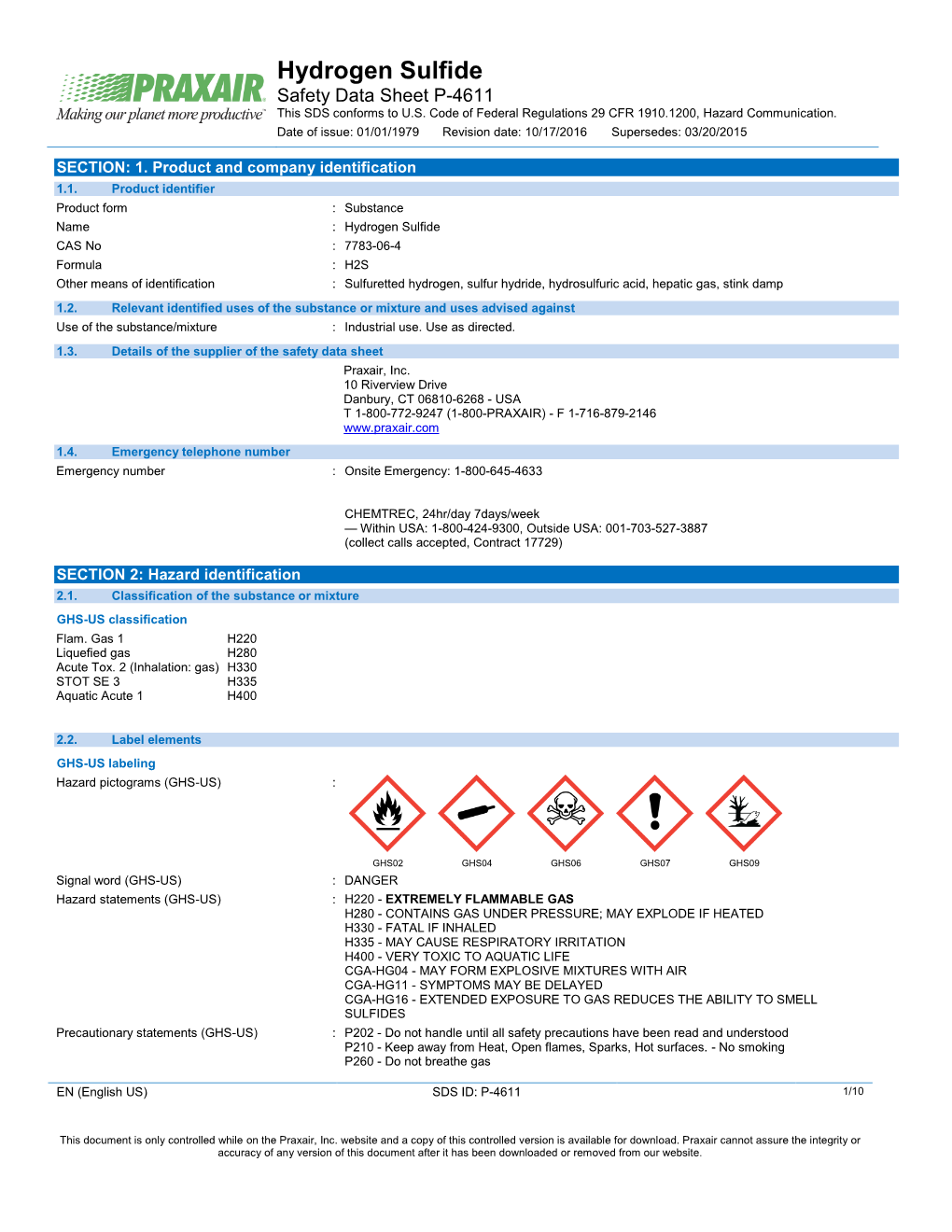 Hydrogen Sulfide H2S Safety Data Sheet SDS P4611