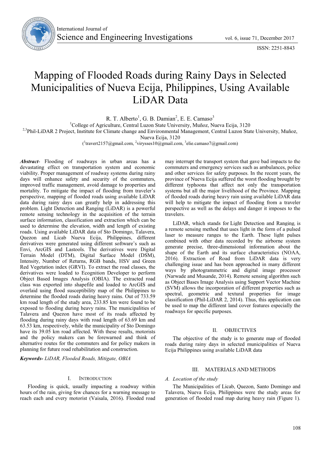 Mapping of Flooded Roads During Rainy Days in Selected Municipalities of Nueva Ecija, Philippines, Using Available Lidar Data