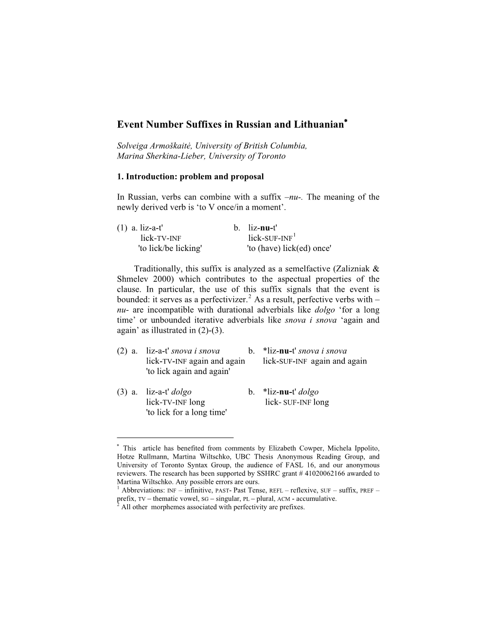 Verbal Suffixes in Russian and Lithuanian As Pluractional and Uni