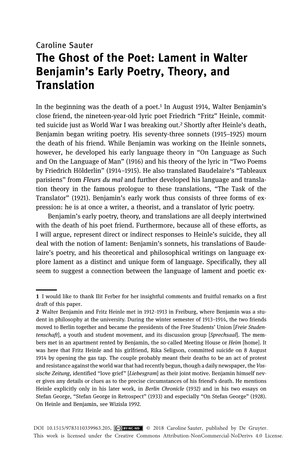 Lament in Walter Benjamin's Early Poetry, Theory, and Translation