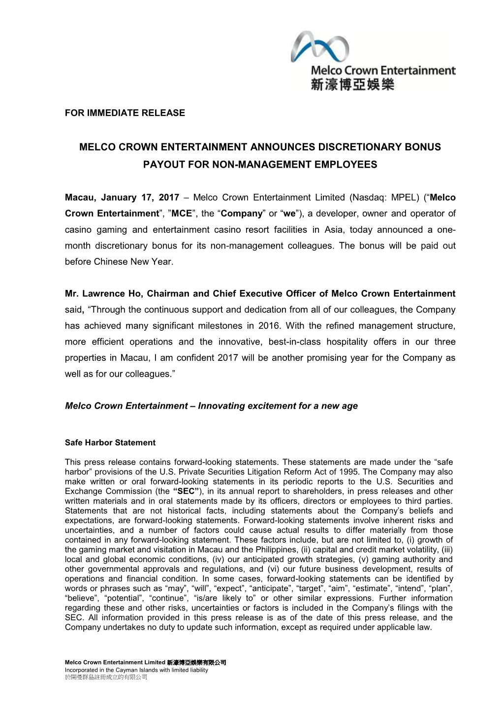 Melco Crown Entertainment Announces Discretionary Bonus Payout for Non-Management Employees