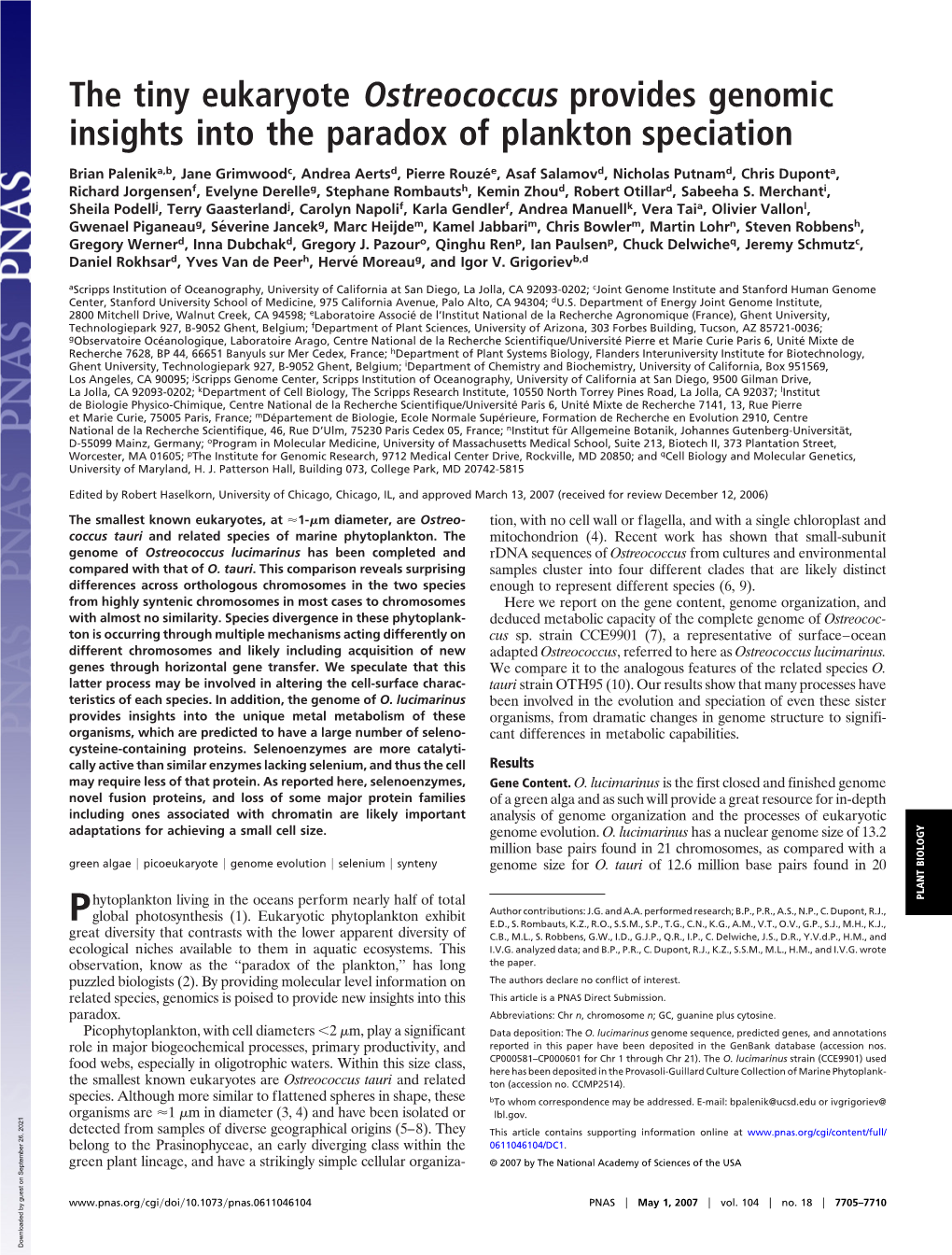 The Tiny Eukaryote Ostreococcus Provides Genomic Insights Into the Paradox of Plankton Speciation