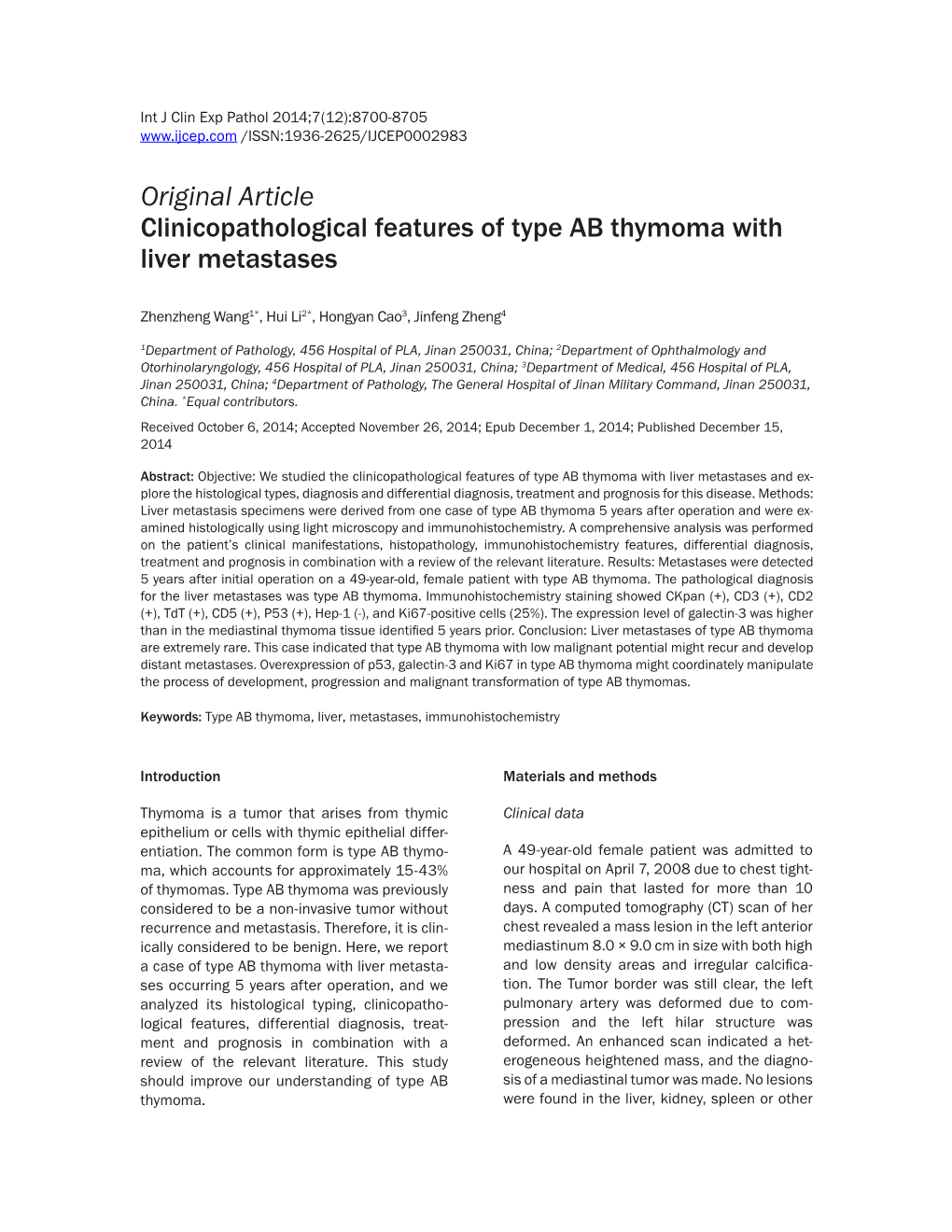 Original Article Clinicopathological Features of Type AB Thymoma with Liver Metastases