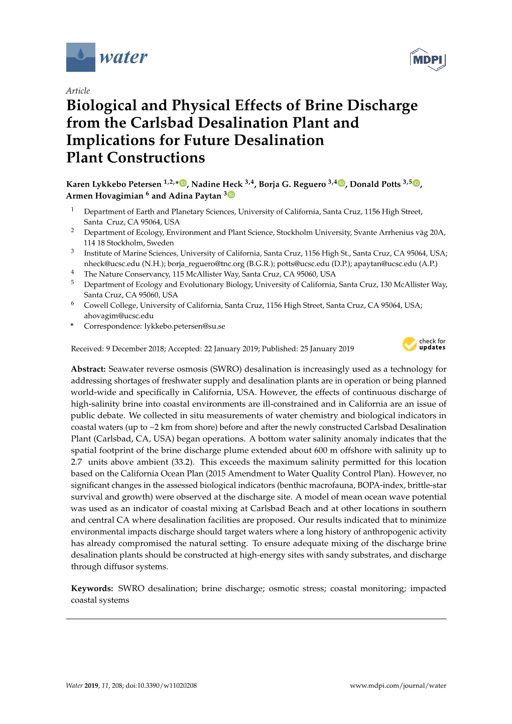 Biological and Physical Effects of Brine Discharge from the Carlsbad Desalination Plant and Implications for Future Desalination Plant Constructions