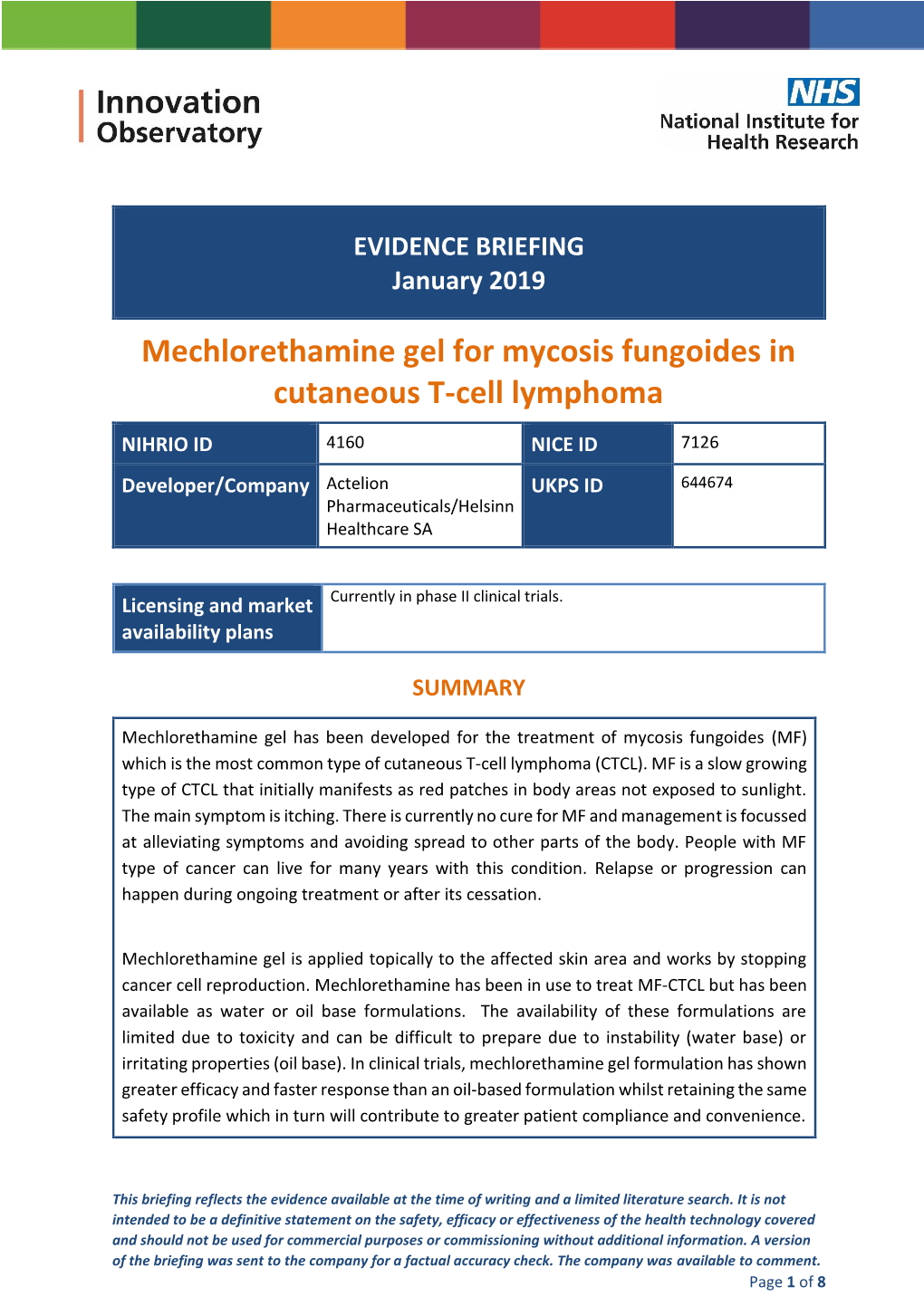 EVIDENCE BRIEFING January 2019 Mechlorethamine Gel for Mycosis