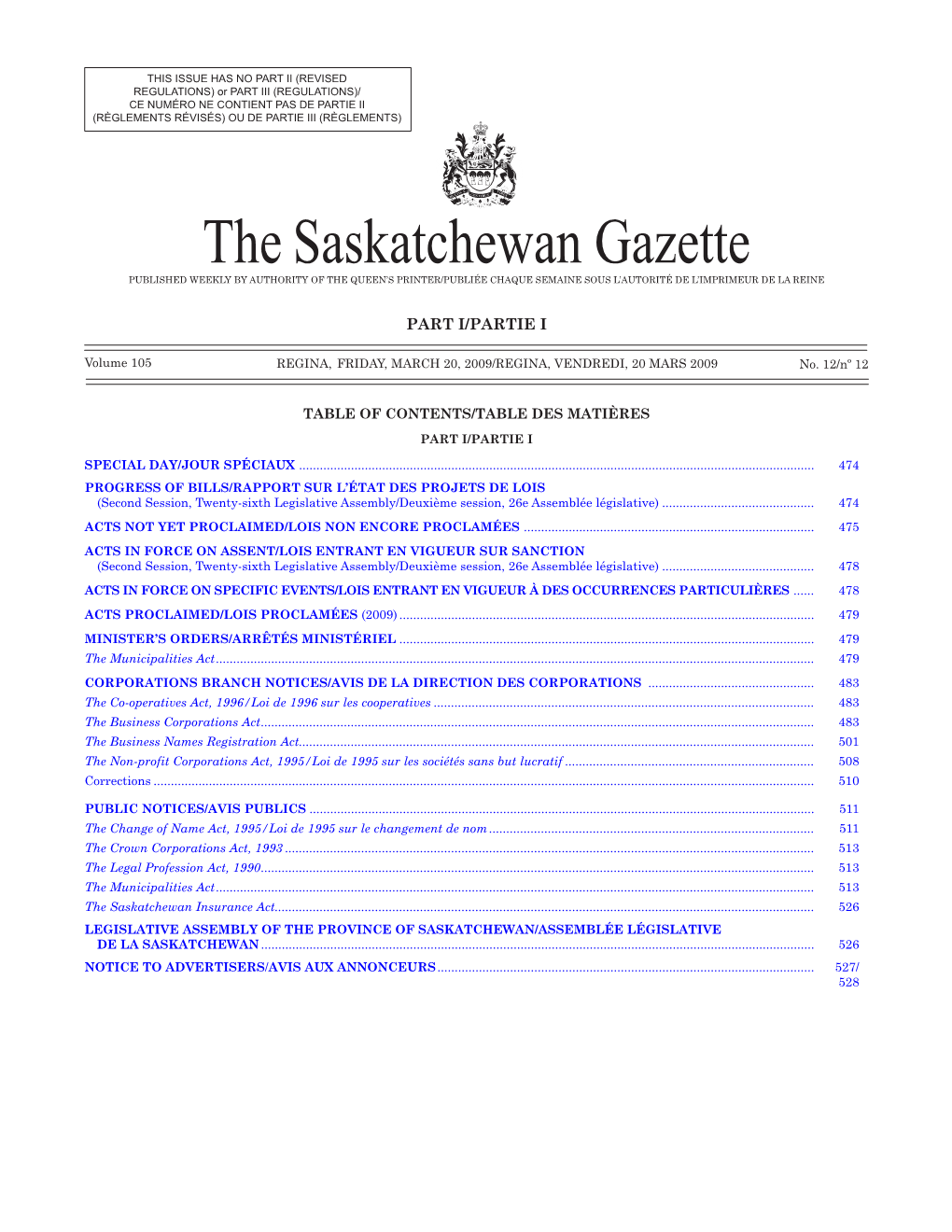 Sask Gazette, Part I, Mar 20, 2009