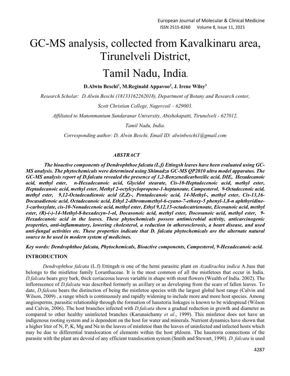 GC-MS Analysis, Collected from Kavalkinaru Area, Tirunelveli District