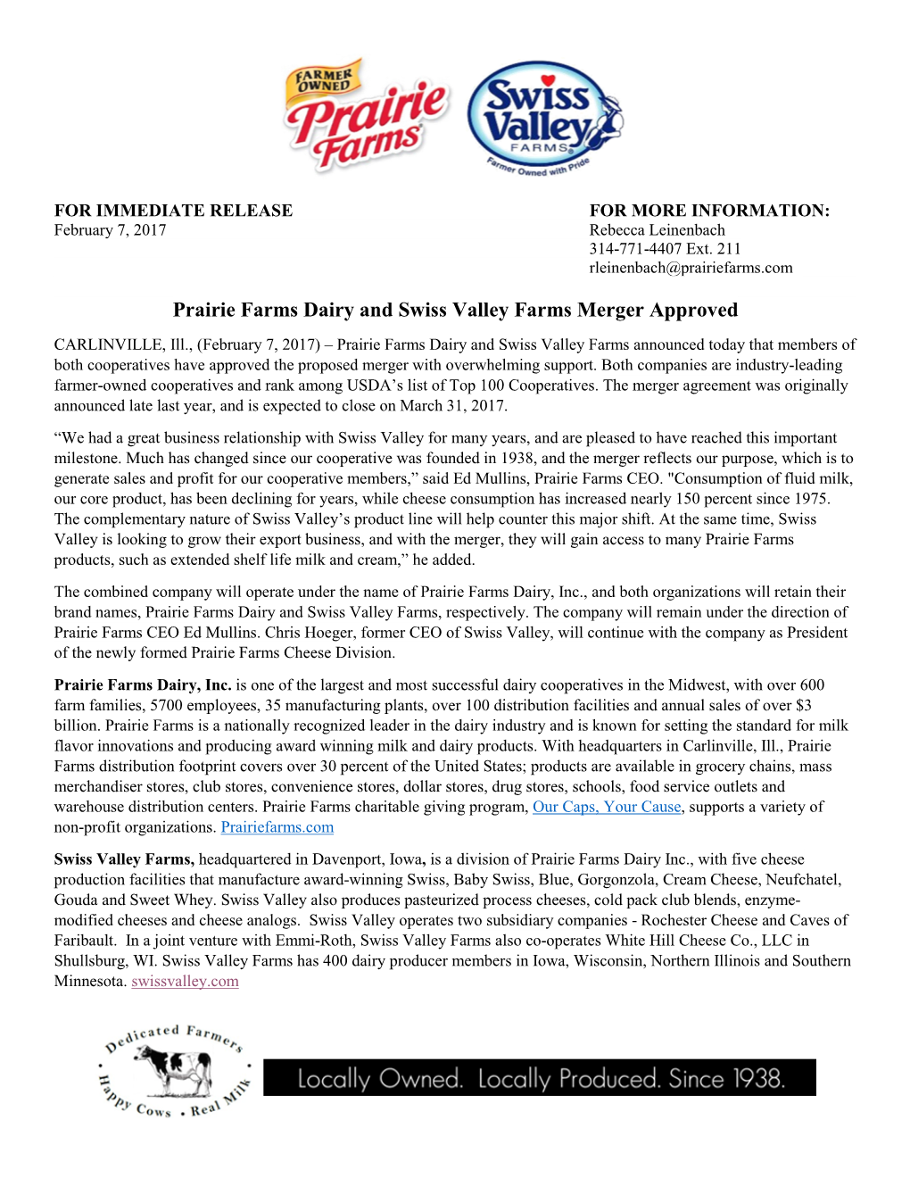 Prairie Farms Dairy and Swiss Valley Farms Merger Approved