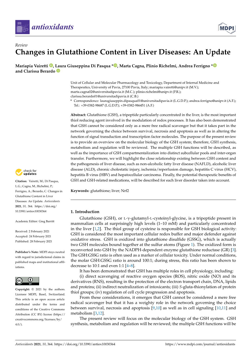 Changes in Glutathione Content in Liver Diseases: an Update