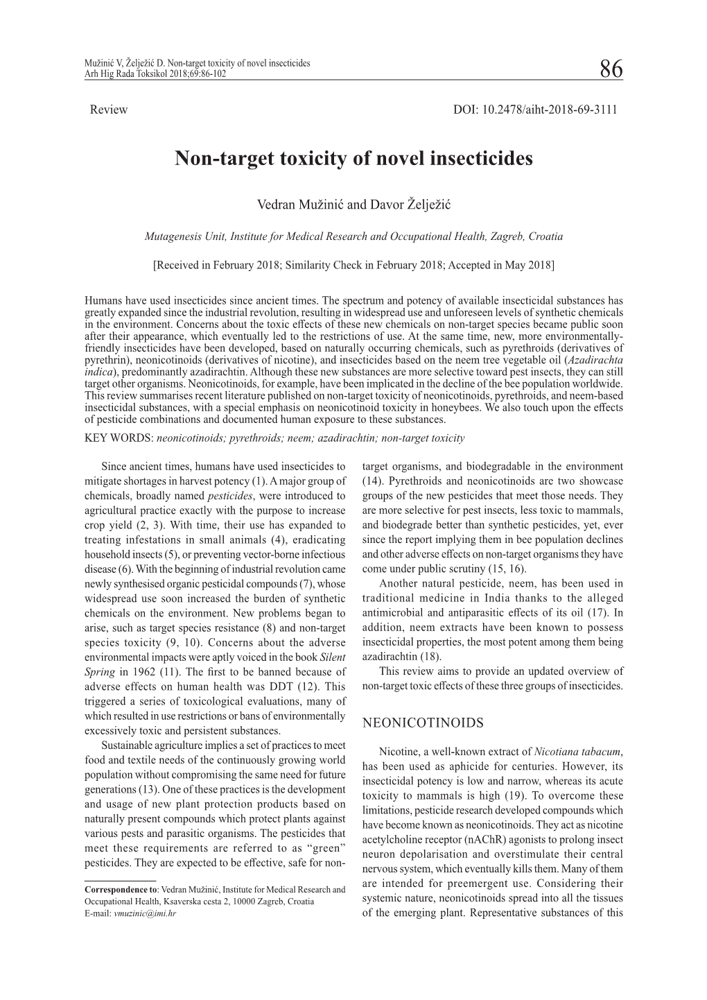 Non-Target Toxicity of Novel Insecticides Arh Hig Rada Toksikol 2018;69:86-102 86