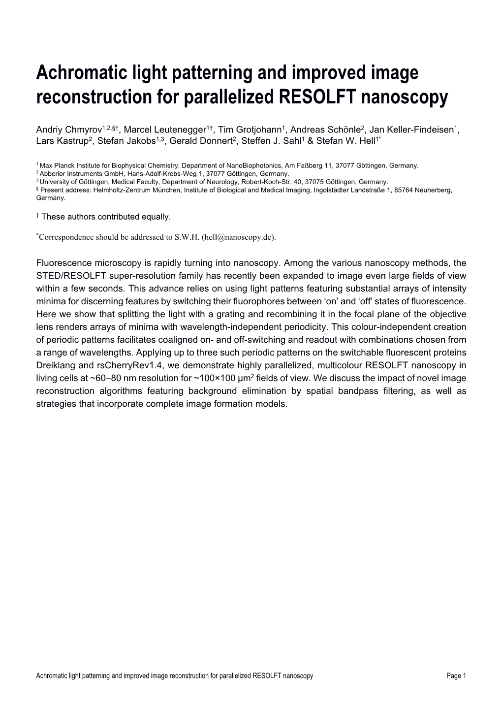 Achromatic Light Patterning and Improved Image Reconstruction for Parallelized RESOLFT Nanoscopy