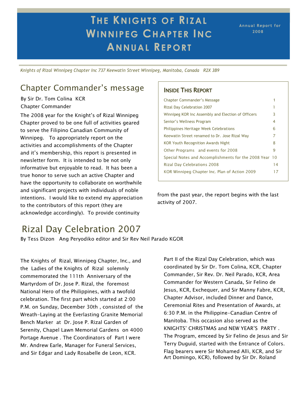 The Knights of Rizal Winnipeg Chapter Inc Annual Report