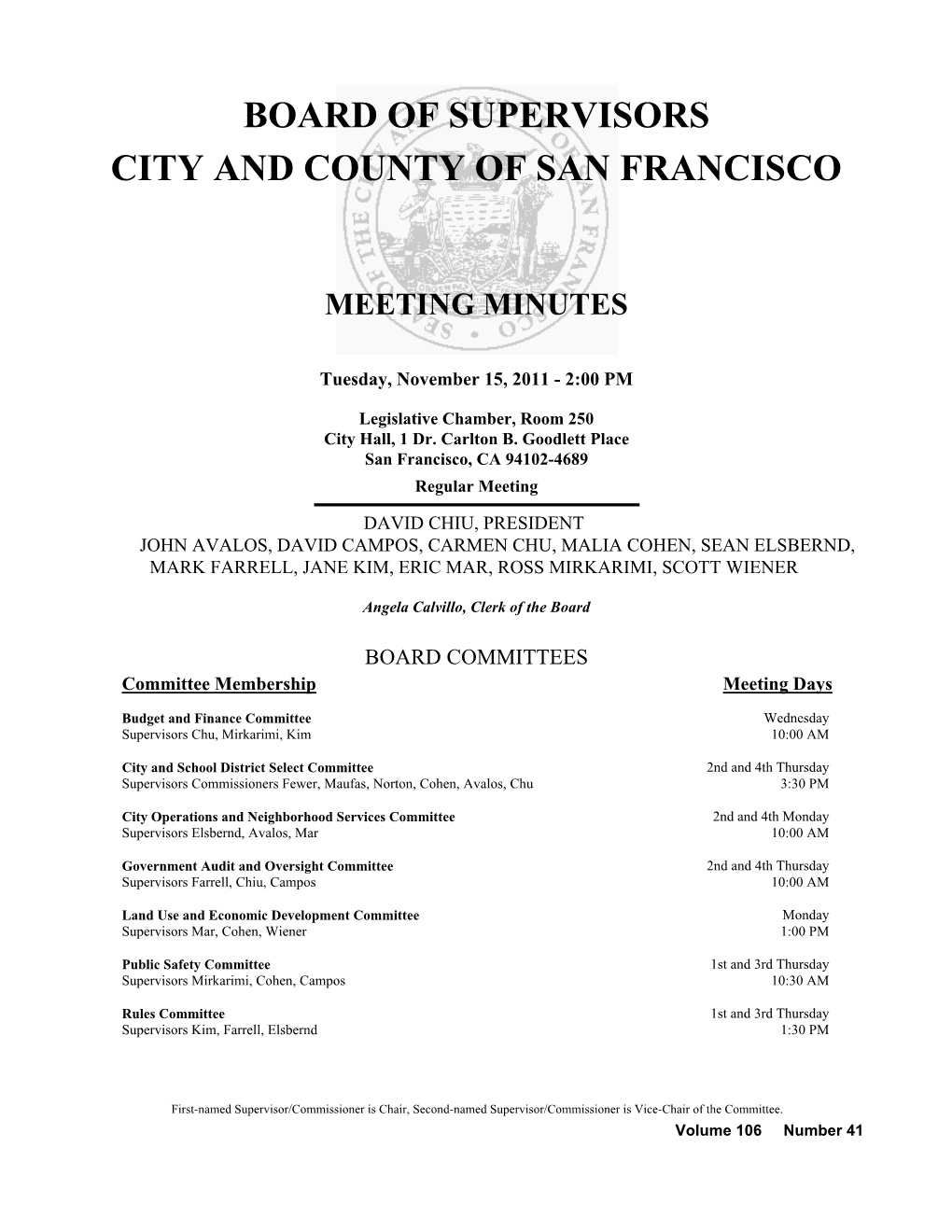 Board of Supervisors City and County of San Francisco