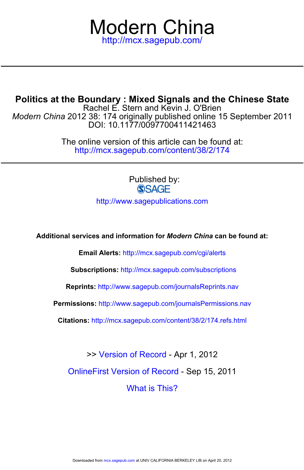 Modern China (2012) -- "Politics at the Boundary: Mixed Signals and the Chinese State"