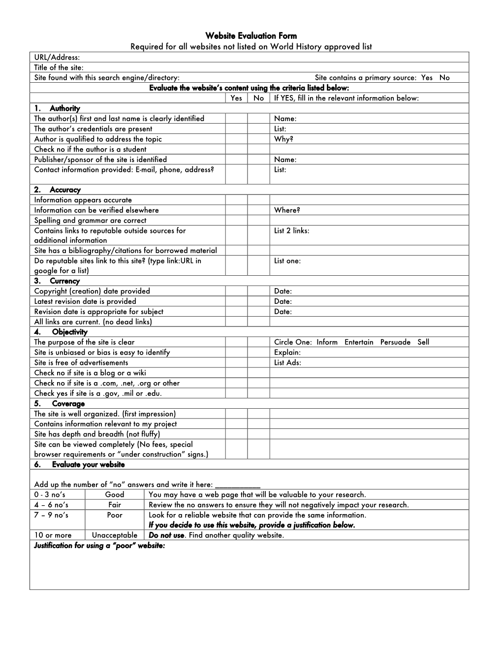 Website Evaluation Form