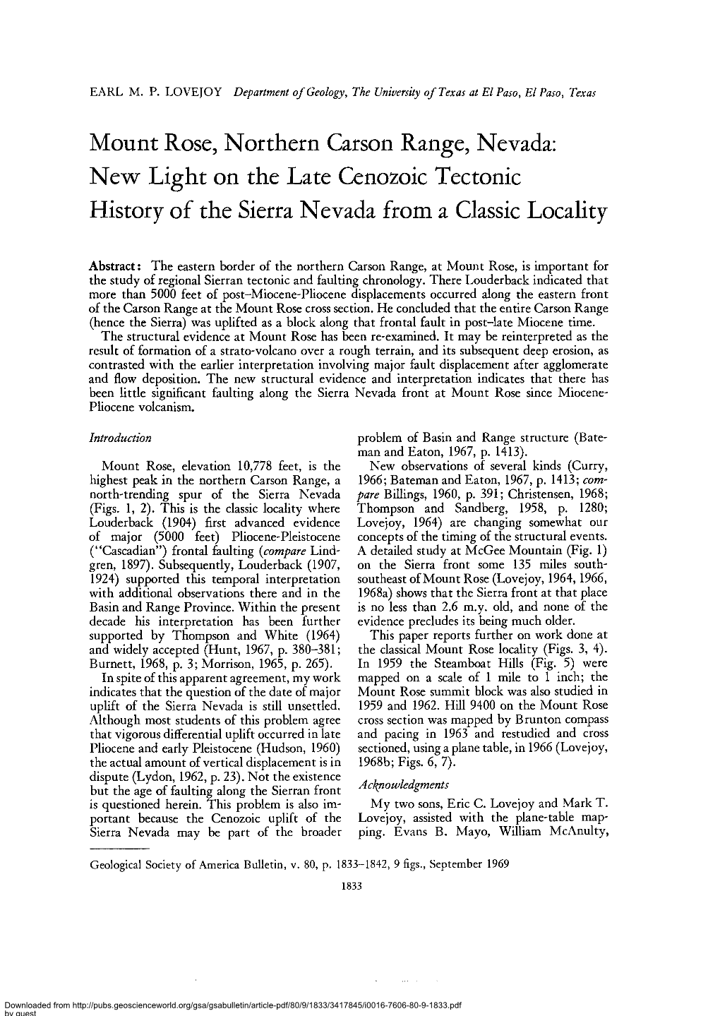 EARL MP LOVEJOY Department of Geology, the University of Texas at El Paso, El Paso, Texas Mount Rose, Northern Carson Range