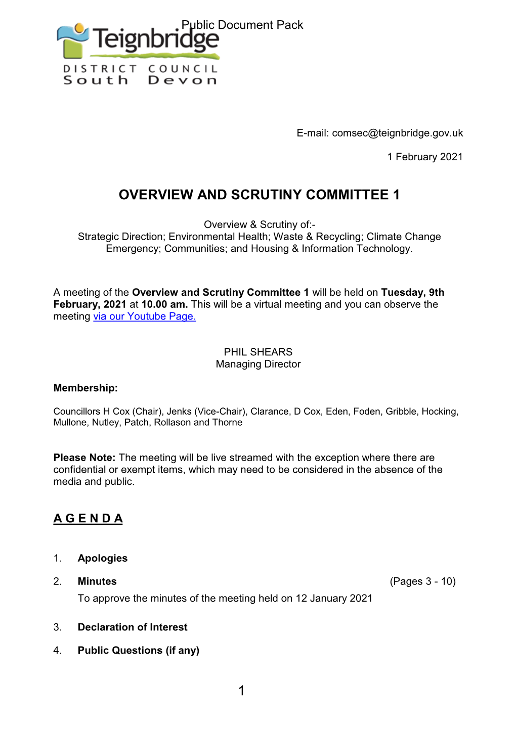 (Public Pack)Agenda Document for Overview and Scrutiny Committee 1