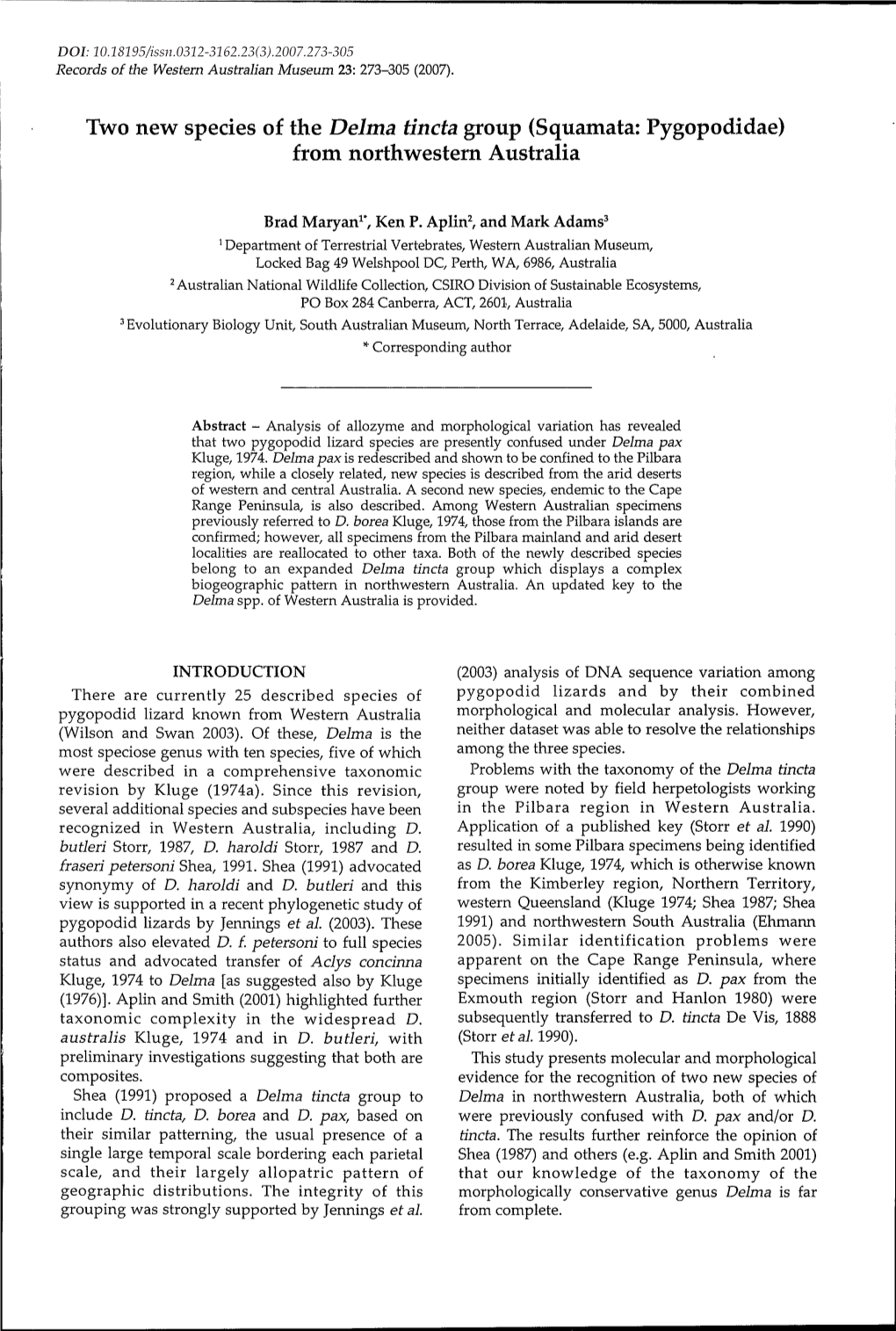 Two New Species of the Delma Tincta Group (Squamata: Pygopodidae) from Northwestern Australia