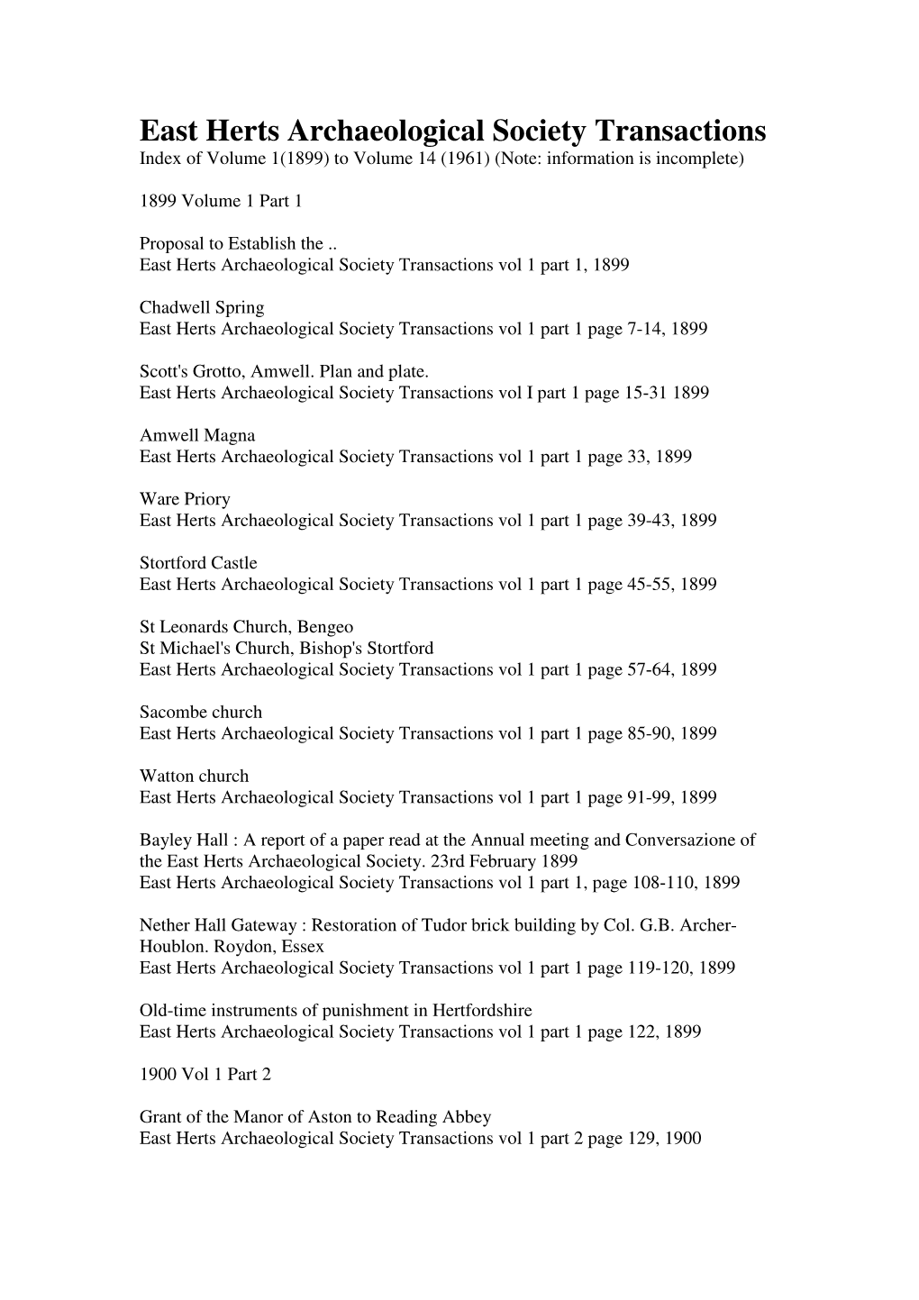 East Herts Archaeological Society Transactions Index of Volume 1(1899) to Volume 14 (1961) (Note: Information Is Incomplete)