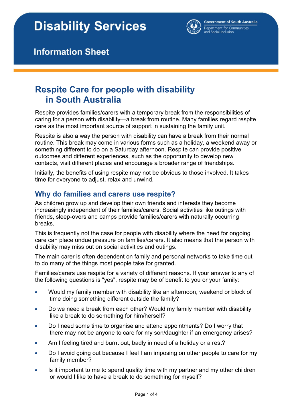 Respite Care for People with Disability in South Australia