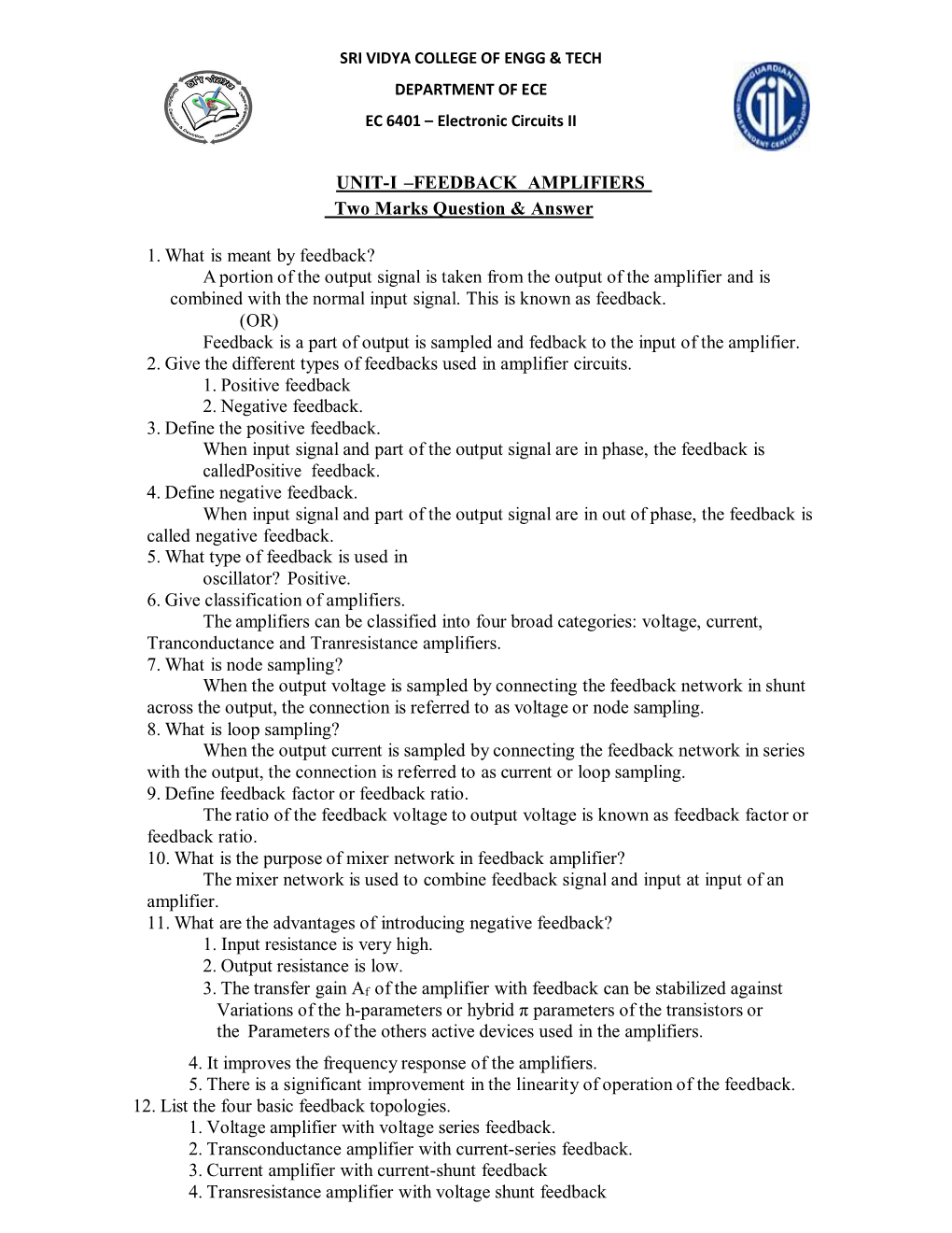 UNIT-I –FEEDBACK AMPLIFIERS Two Marks Question & Answer 1. What Is Meant by Feedback? a Portion of the Output Signal Is