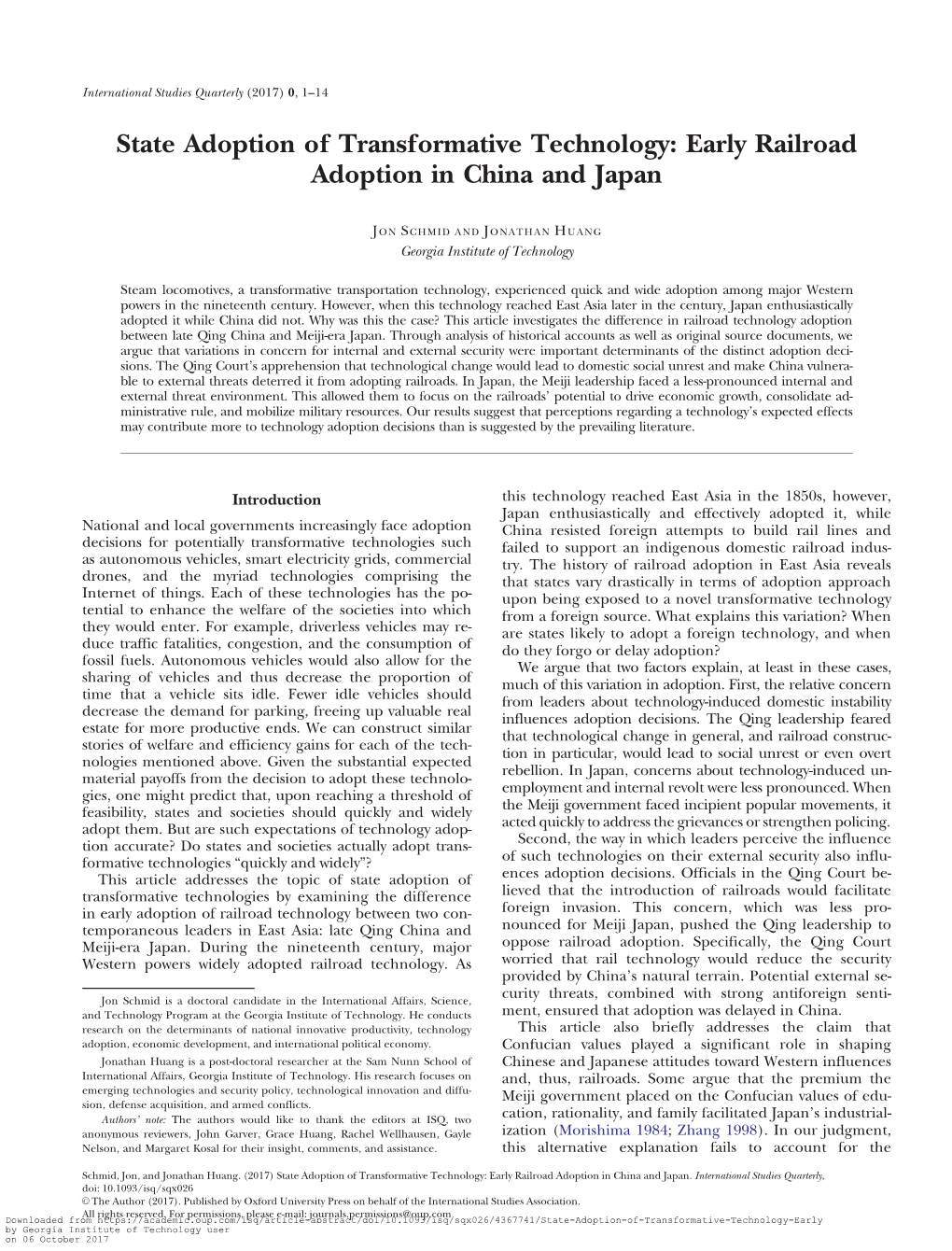 State Adoption of Transformative Technology: Early Railroad Adoption in China and Japan