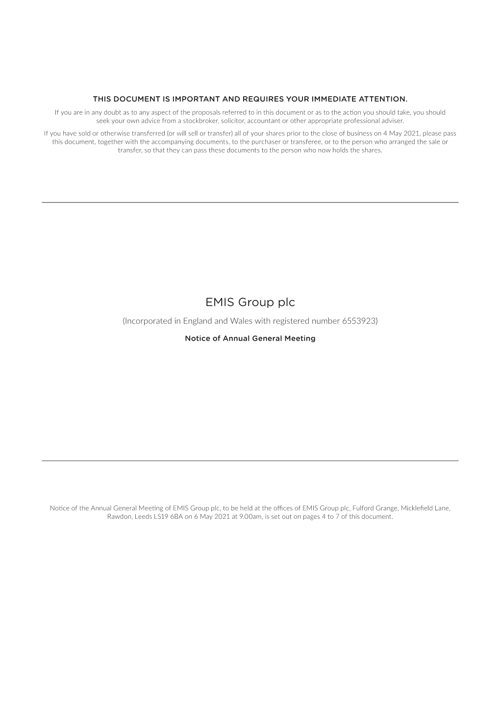 EMIS Group Notice of Annual General Meeting 2021