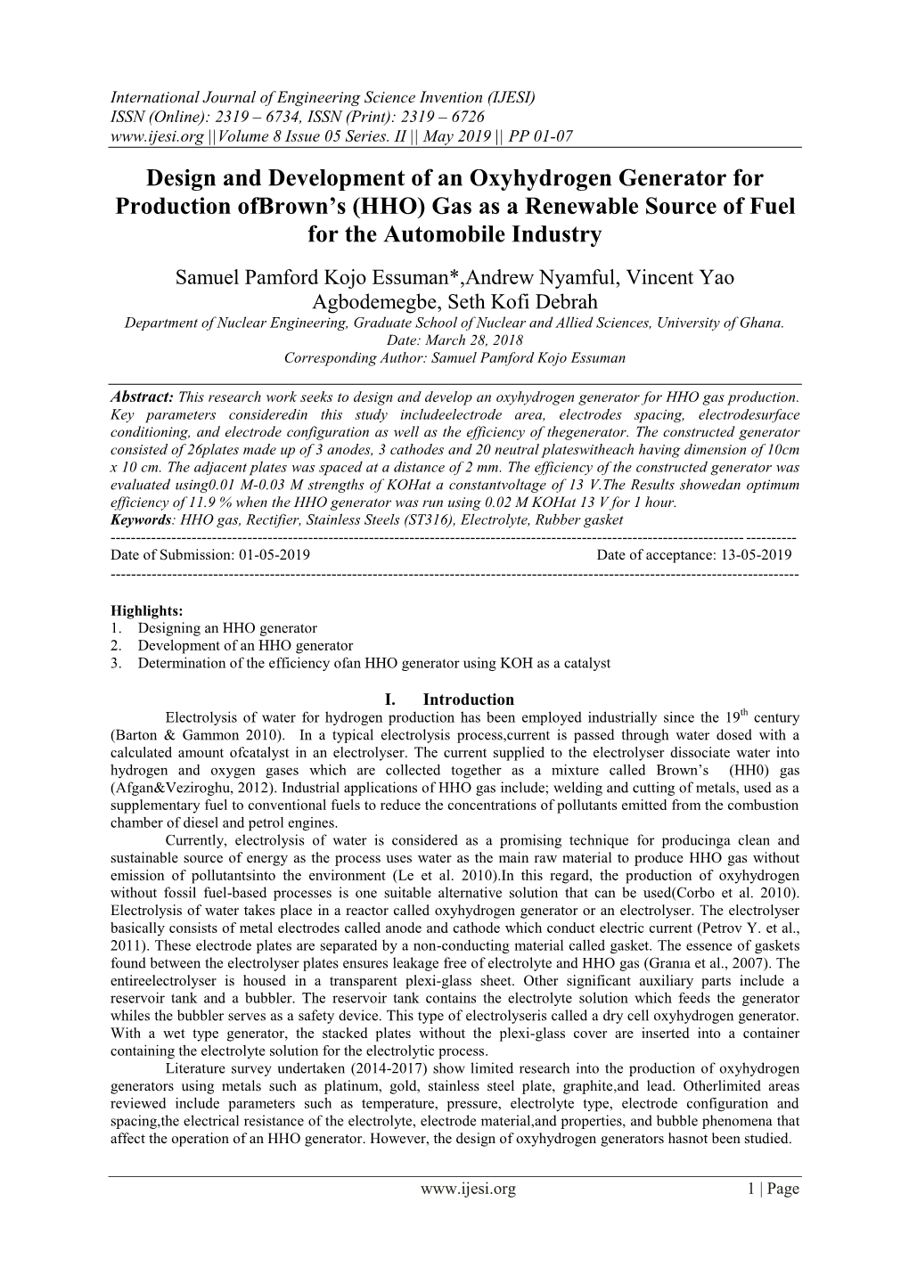 Design and Development of an Oxyhydrogen Generator for Production Ofbrown’S (HHO) Gas As a Renewable Source of Fuel for the Automobile Industry