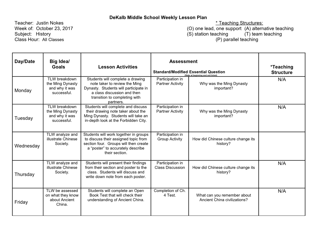 Dekalb Middle School Weekly Lesson Plan s1