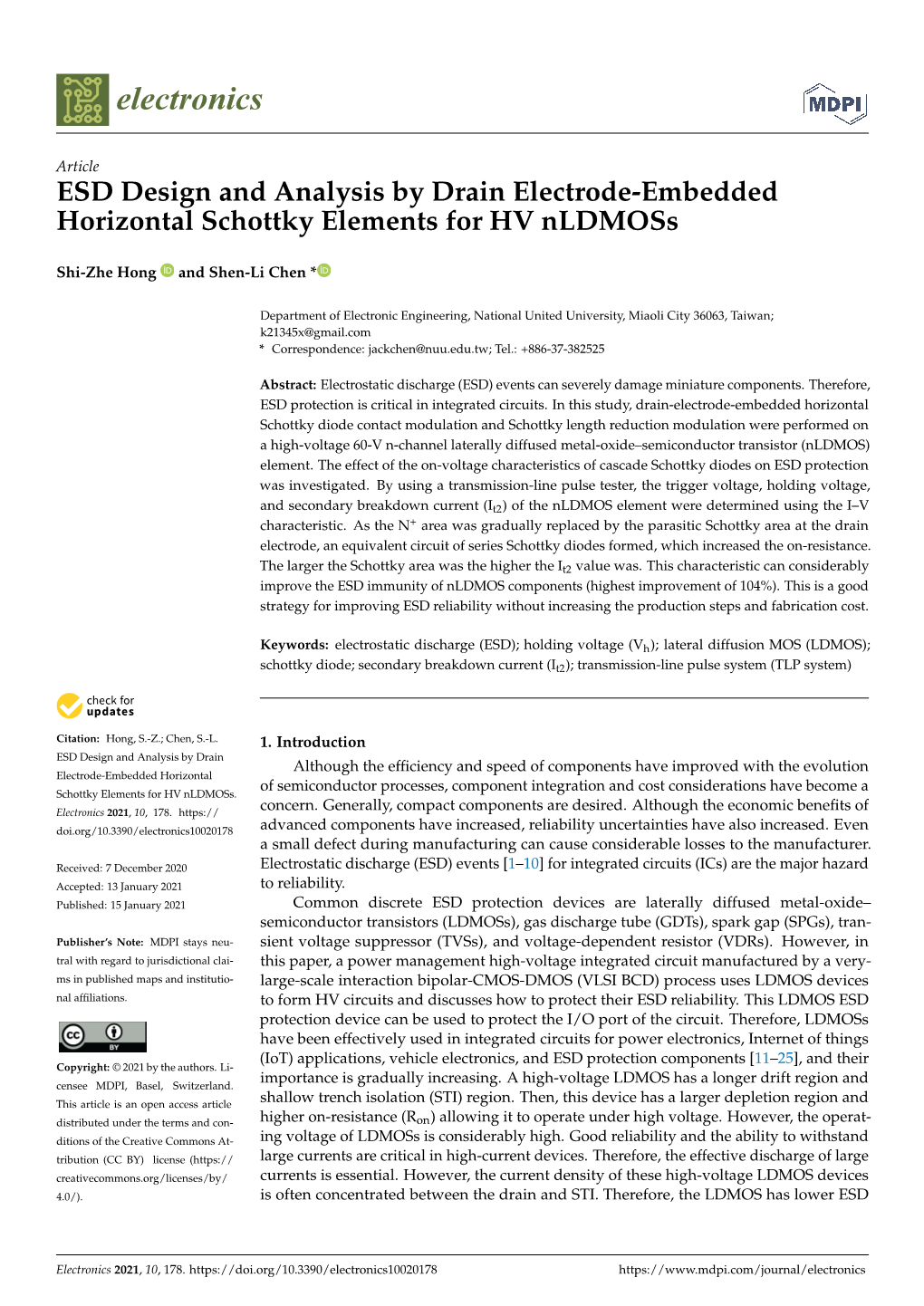 ESD Design and Analysis by Drain Electrode-Embedded Horizontal Schottky Elements for HV Nldmoss