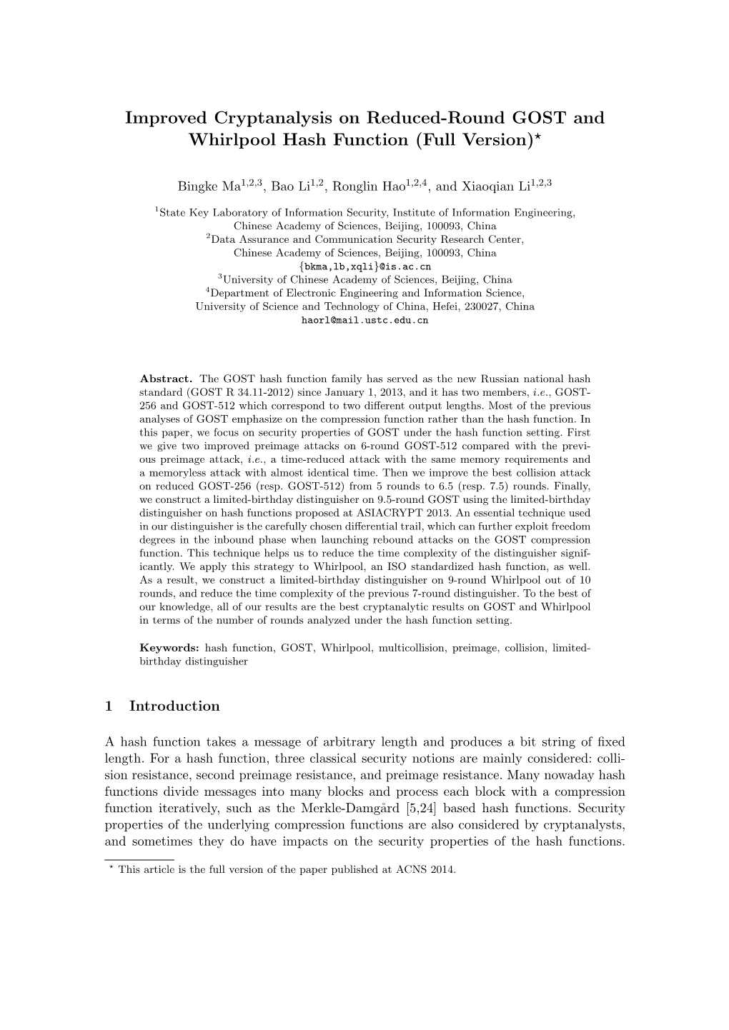 Improved Cryptanalysis on Reduced-Round GOST and Whirlpool Hash Function (Full Version)?